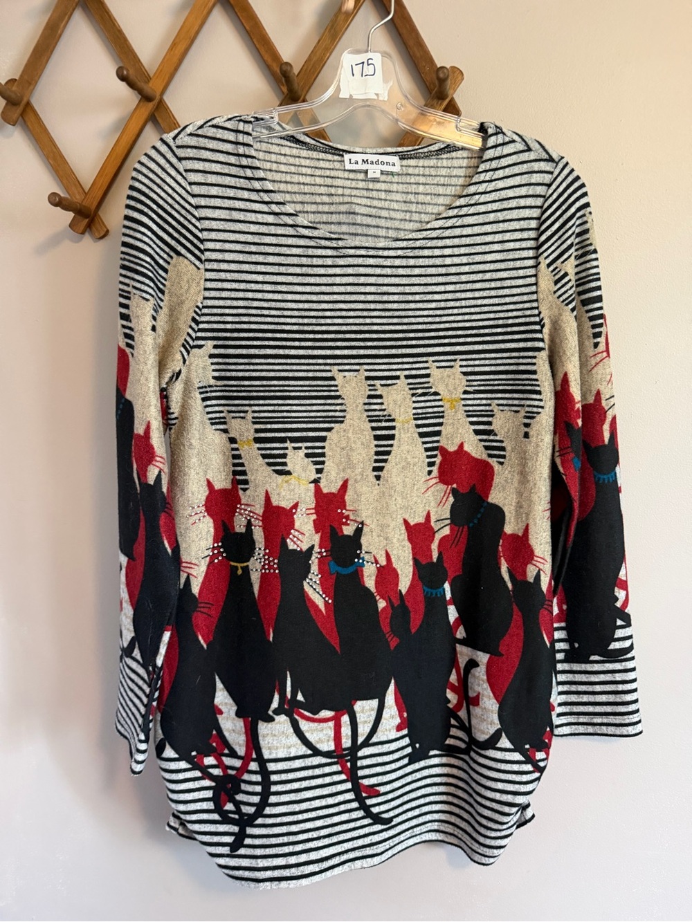 La Madona Striped Rhinestone Cat lady Tunic Top Gray M